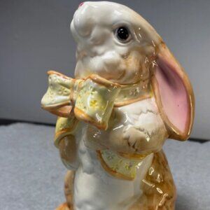 Ceramic Bunny Figurine With Bow 10" Tall Adorable Rabbit Home Decor